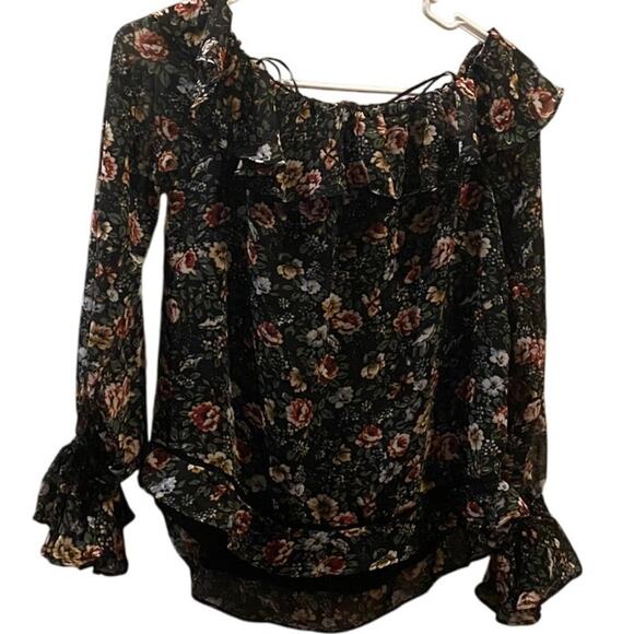 Oliveaceous Black Floral Off Shoulder Peasant Blouse Size M - Picture 3 of 6